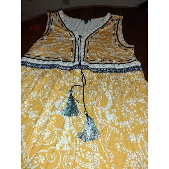Small Cupio Mustard Yellow White Floral Paisley Boho Style Sleeveless Dress - Picture 2 of 4
